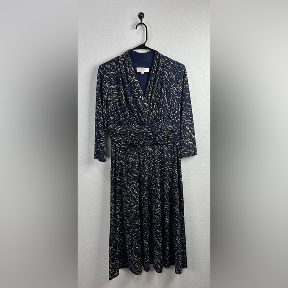 Vintage Elegant Flowing Kasper dress Sz 10 Navy Beige ruched waist A-line Career - Picture 1 of 7